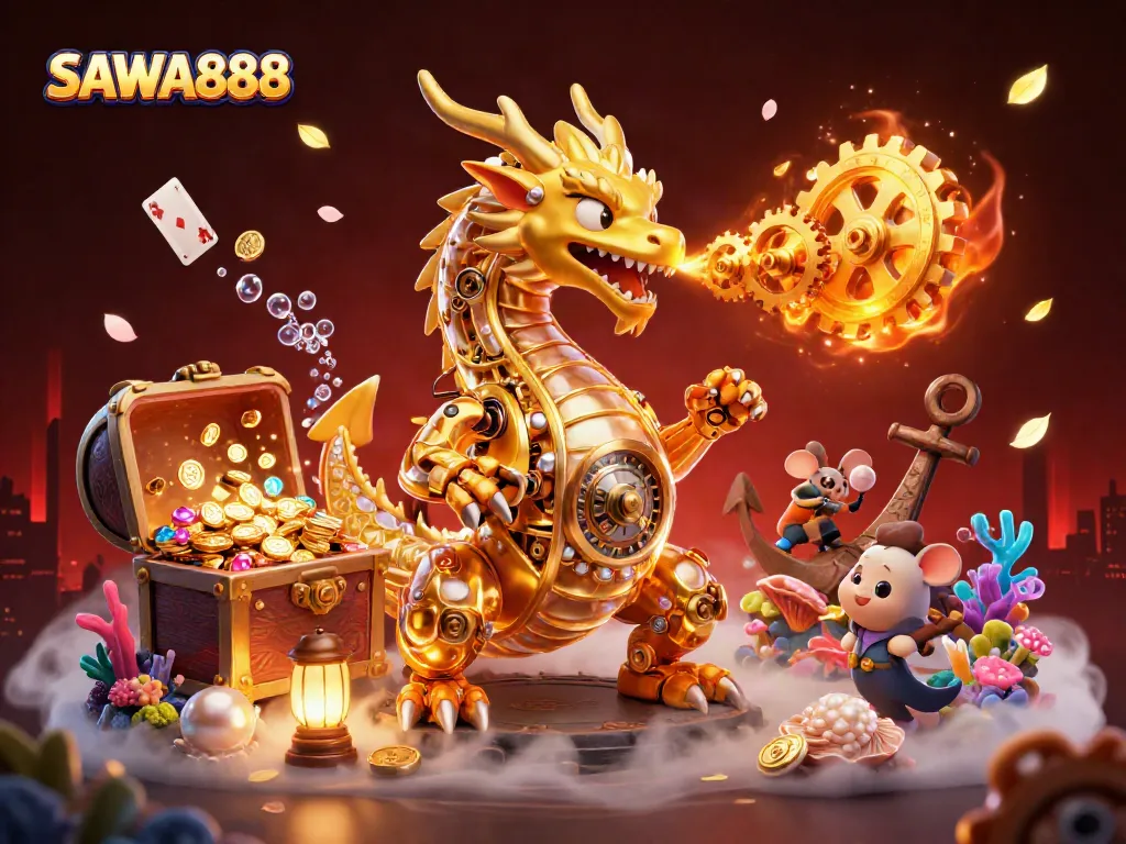 SAWA888 captivates players with a golden dragon and underwater treasures in a thrilling casino scene.
