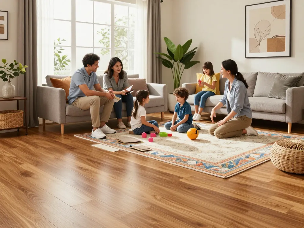 Warm family gathering with flooring specialists near me discussing home improvement choices, featuring hardwood and carpet.