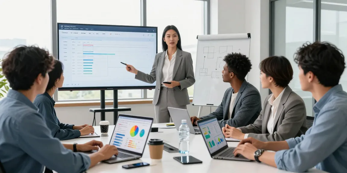 Team collaborating using all-in-one service software in a bright office setting