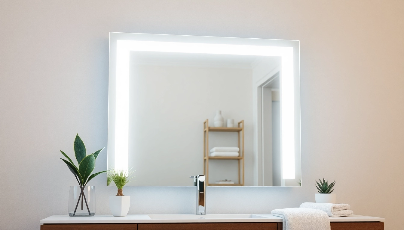 Elegant LED mirror reflecting soft light in a modern bathroom setting.