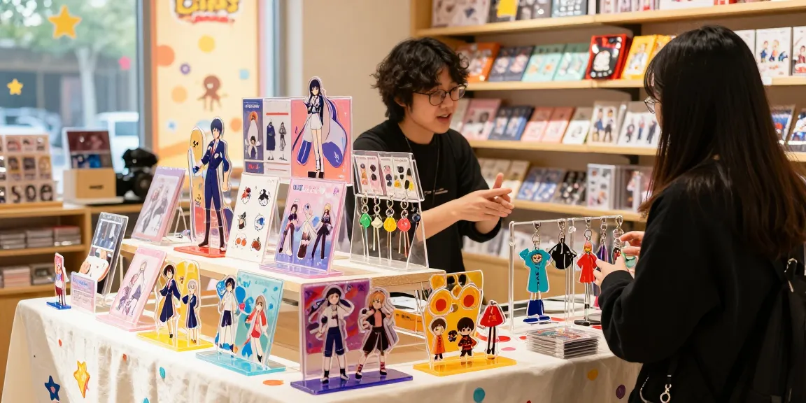 Custom acrylic stand display showcasing colorful merchandise in a vibrant retail environment.