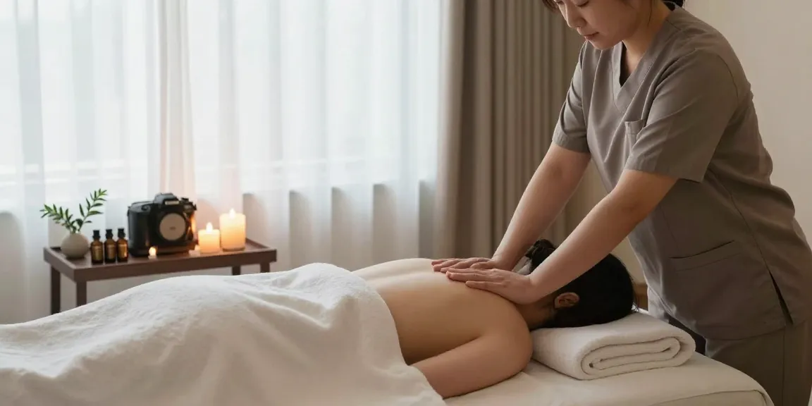 Therapist providing 용인출장마사지 in a serene massage room with soothing ambiance.