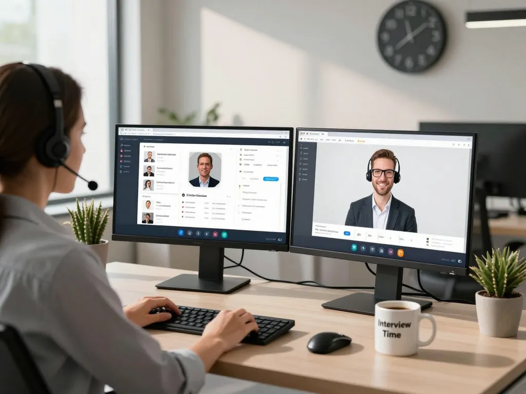 AI phone screening setup featuring a recruiter engaging with a candidate, showcasing modern office technology.