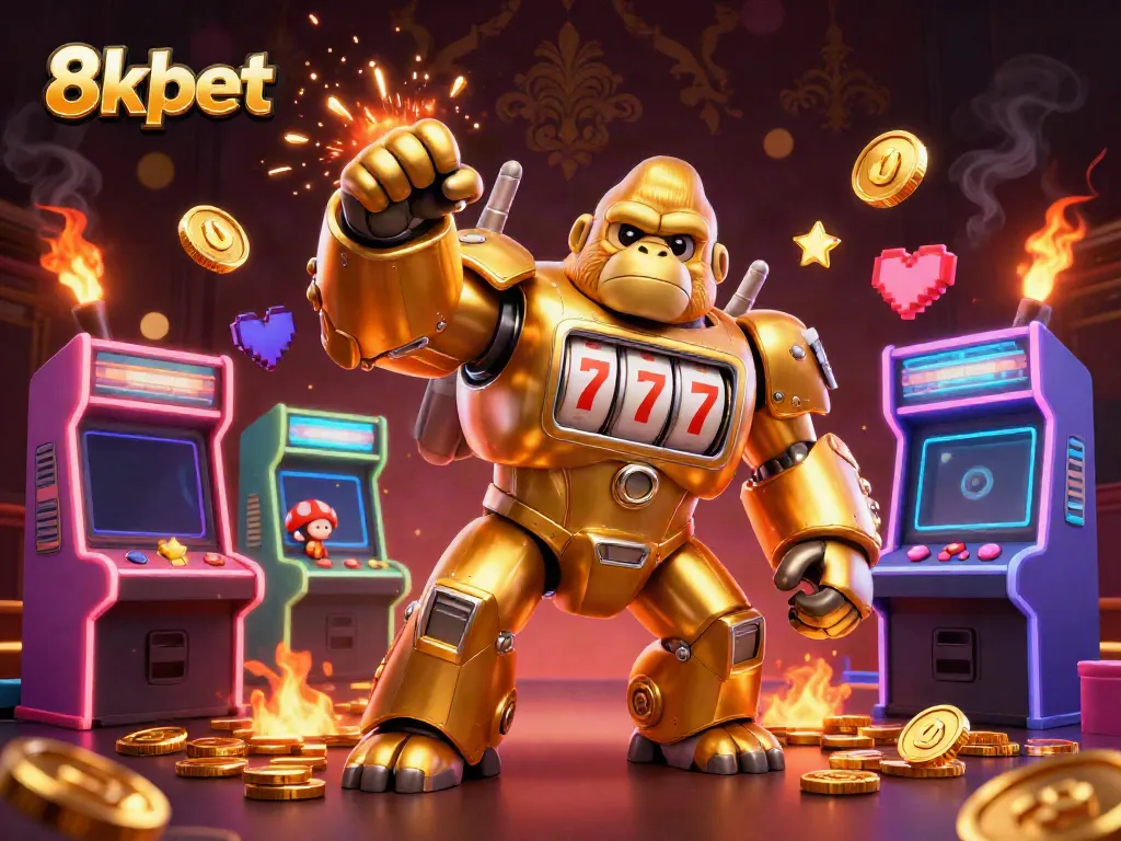 Experience thrilling gameplay with 8xbet's golden gorilla mech and arcade games in a vibrant casino scene.