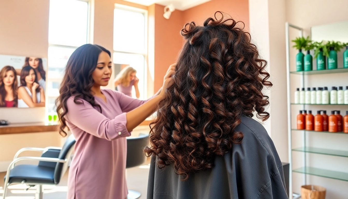Stunning salon scene featuring a perm service in San Diego, with an eco-friendly focus on Aveda products.