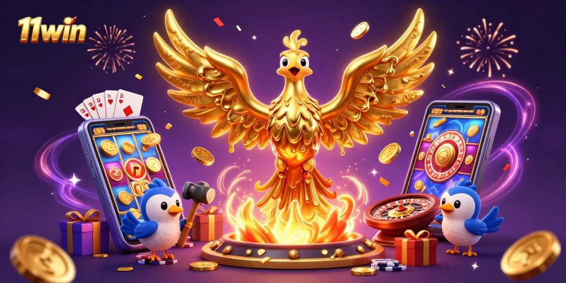 Experience thrilling gaming with 11win's vibrant slots featuring a golden phoenix and cascading coins.