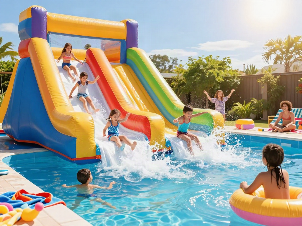 Children having fun on inflatable water slides water in vibrant summer setting.