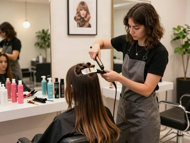 Tape extensions for thin hair being applied in a chic salon, highlighting beauty transformation and expert techniques.