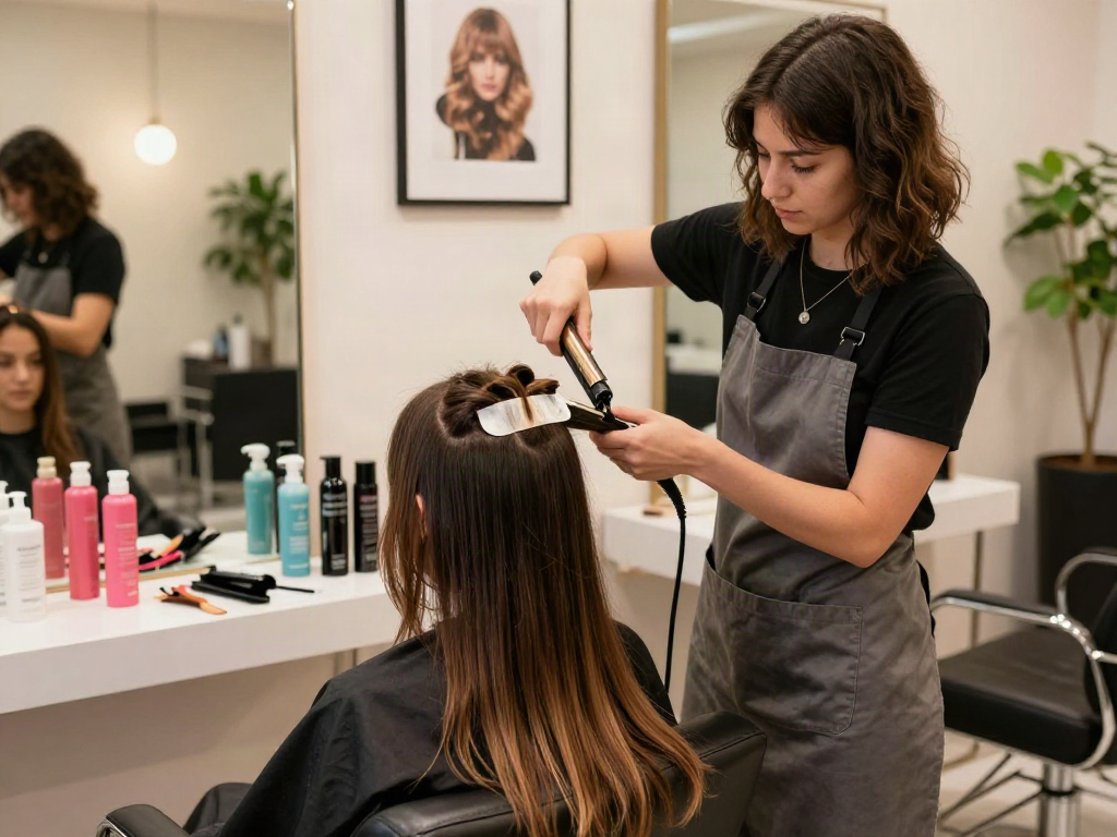Tape extensions for thin hair being applied in a chic salon, highlighting beauty transformation and expert techniques.