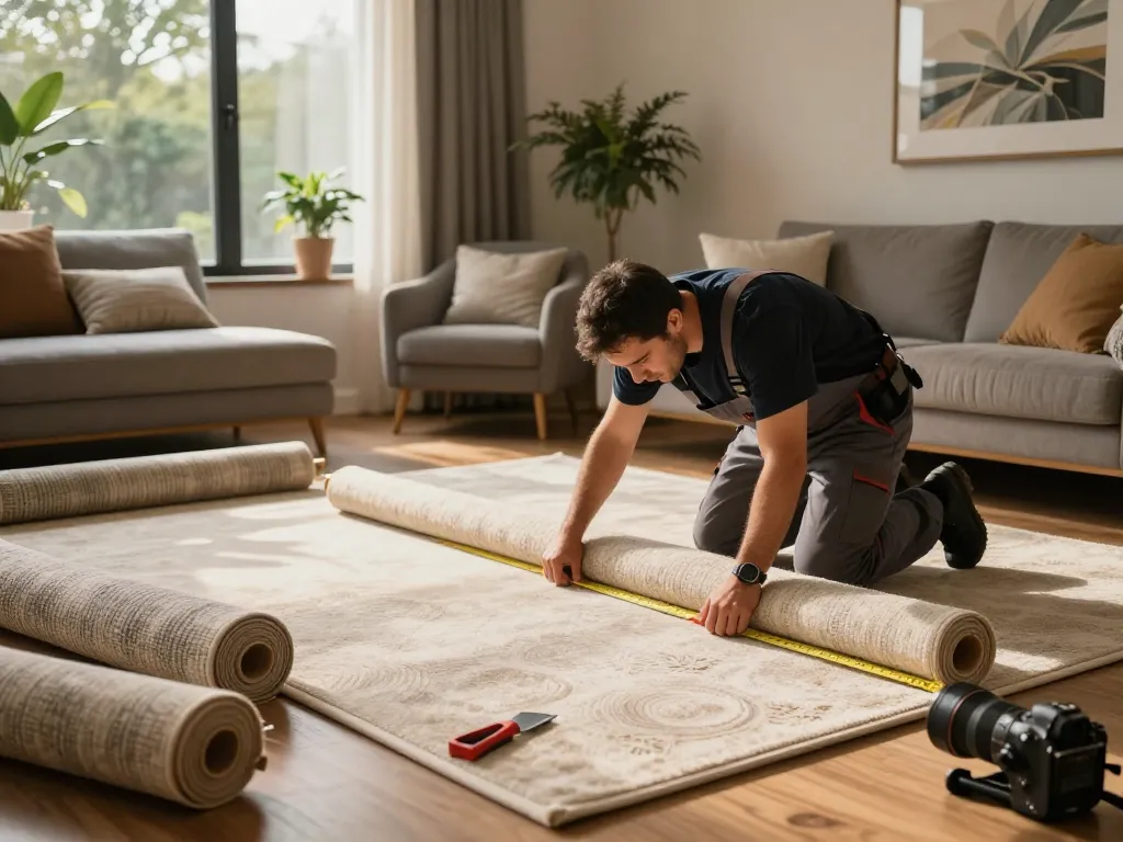 Professional carpet fitters near me measuring and installing carpet in a stylish living room.