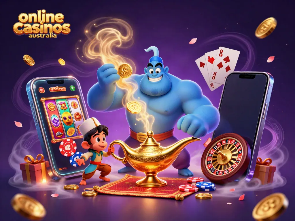 Experience the thrill of online casinos Australia with a magical genie and vibrant gaming elements.