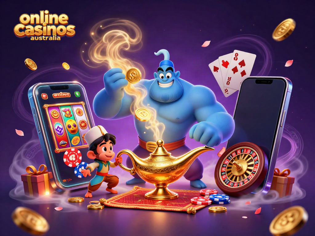 Experience the thrill of online casinos Australia with a magical genie and vibrant gaming elements.