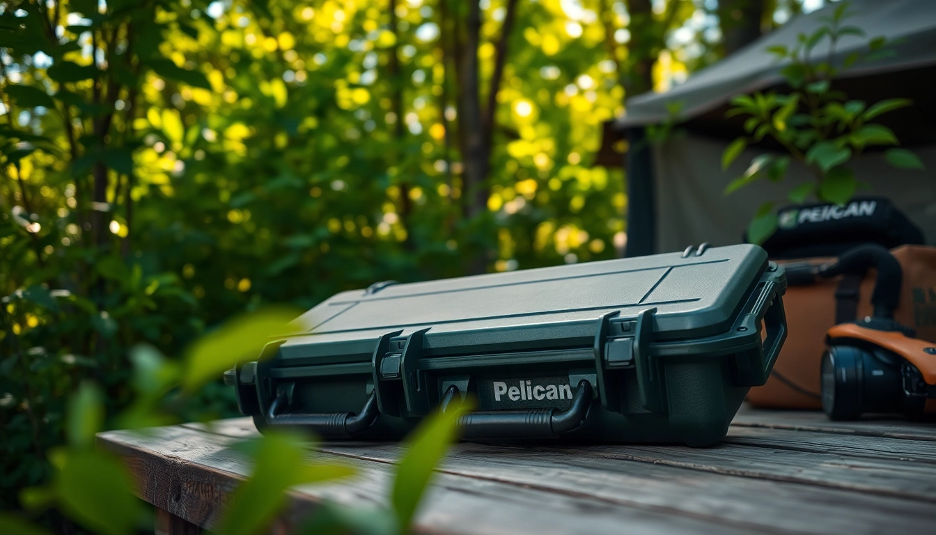 Shop a durable Pelican gun case for sale, nestled among outdoor gear in a rustic setting.