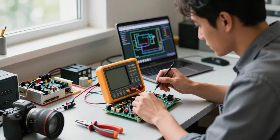 Technician using an oscilloscope multimeter to measure electrical signals on a workbench filled with electronic components.