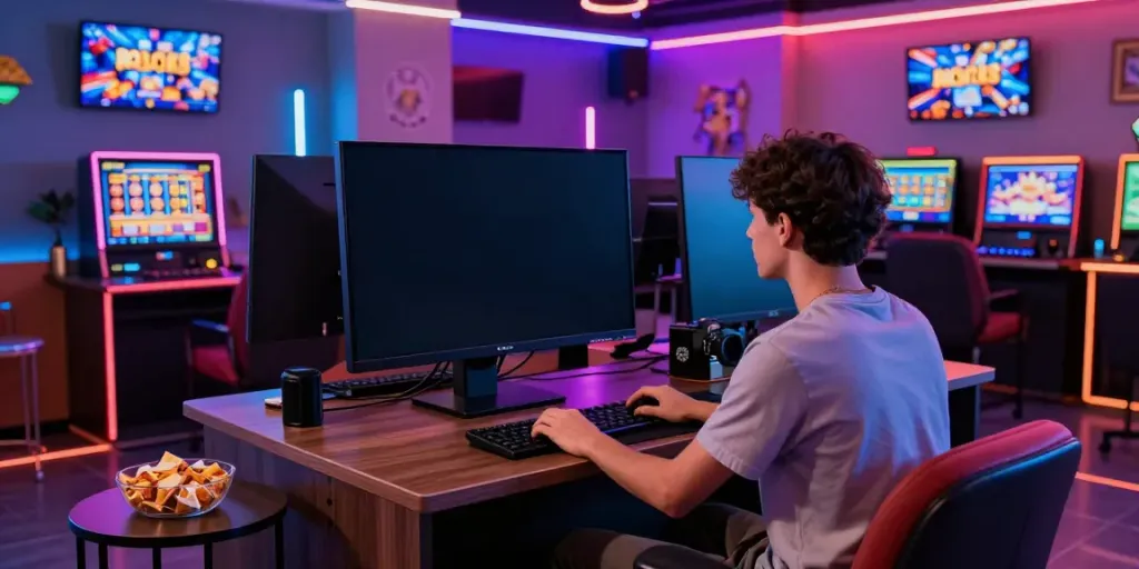 Individual immersed in rokok88 slot gameplay in a vibrant gaming lounge.