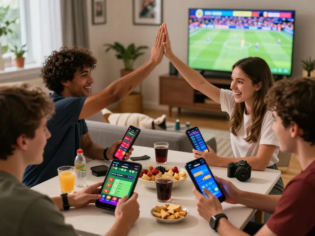 SBOBET enthusiasts enjoying a lively betting session with mobile device and sports event background.