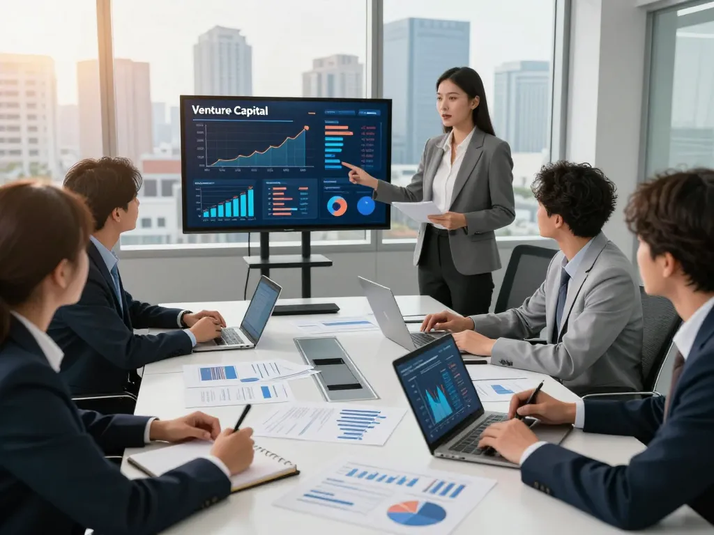 Team discussing venture capital funding strategies in a corporate meeting.