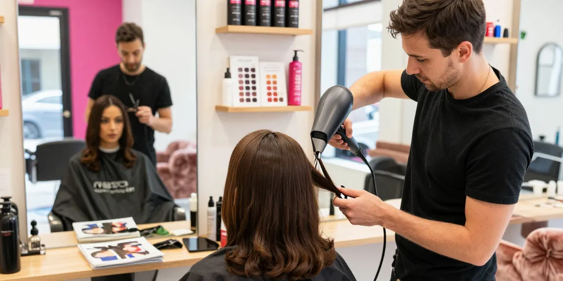 Professional stylist showcasing a trendy hair style trend in a vibrant salon setting with modern tools and stylish decor.