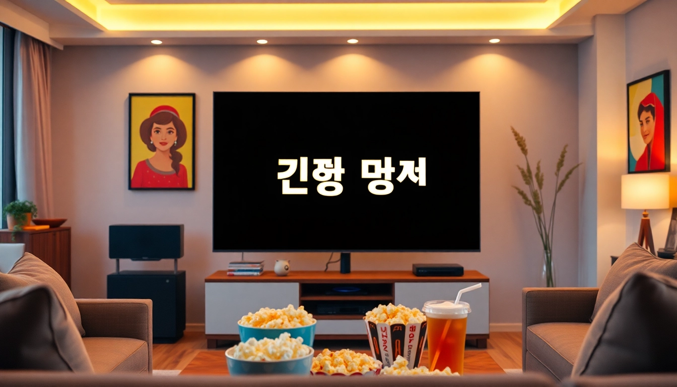 티비위키 누누티비 로고가 있는 현대적 TV가 있는 거실을 즐기는 장면