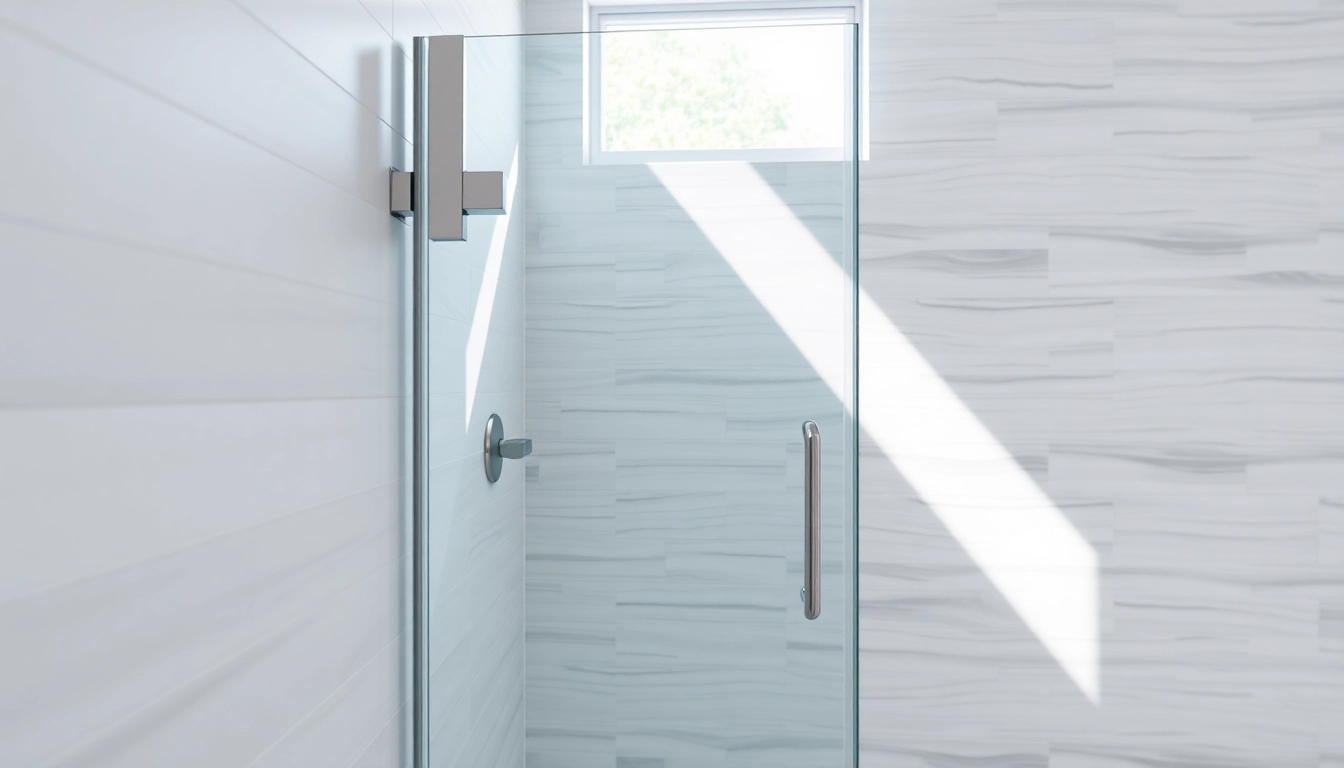 Showcase of shower doors sliding revealing modern design elements and seamless integration in a stylish bathroom.