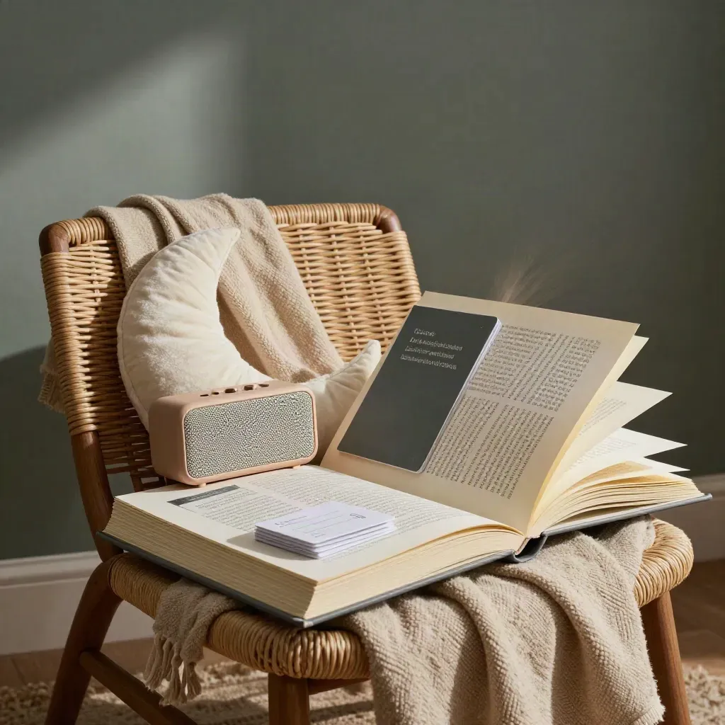 Open bedtime storybook with speaker, printable pages, prompt cards, and moon cushion on a nursery chair.