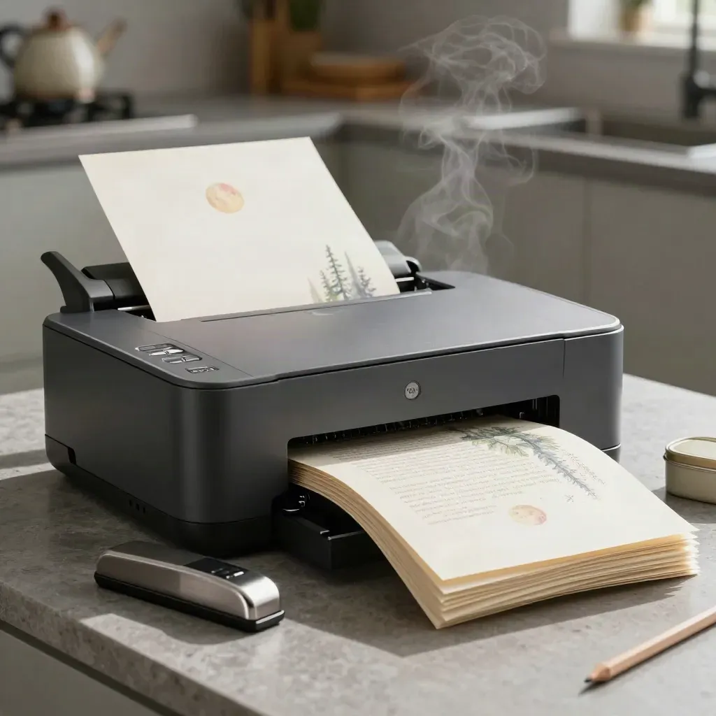 Home printer slides out story pages on a pale kitchen counter with steam, trimmer, and binder clip.