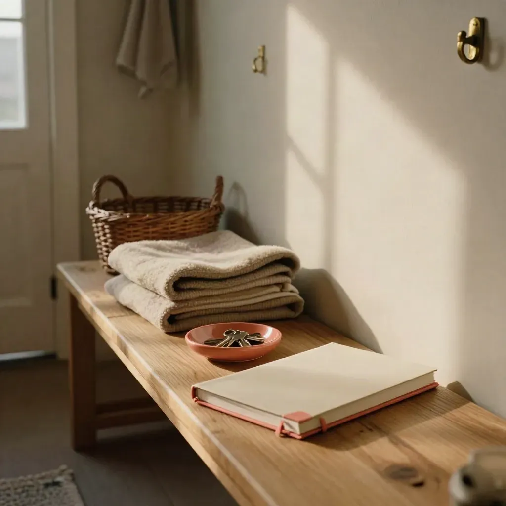 Mudroom bench with notebook, key dish, and folded throw at dusk.