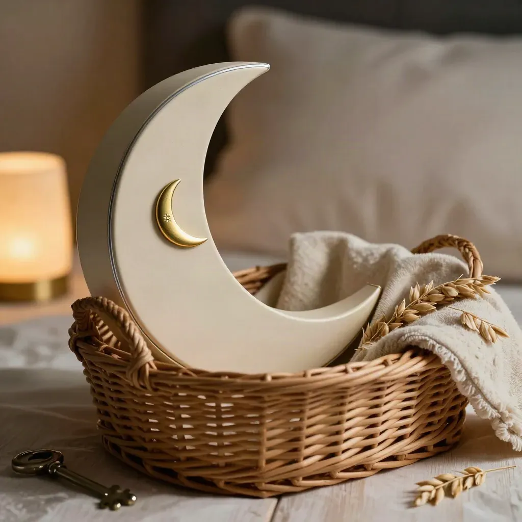 Open moon-shaped story box in a wicker basket with brass bookmark, book, blanket, and pillow blur.