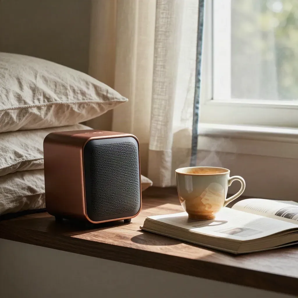 Speaker, pillow stack, cup, and closed book on a moonlit window seat.