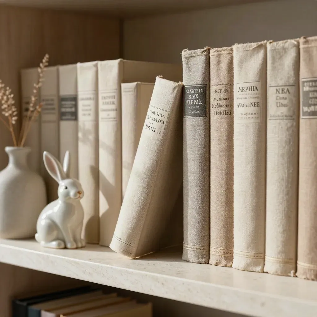 Cloth-bound fairy-tale books, porcelain rabbit, dried grass on a travertine shelf.