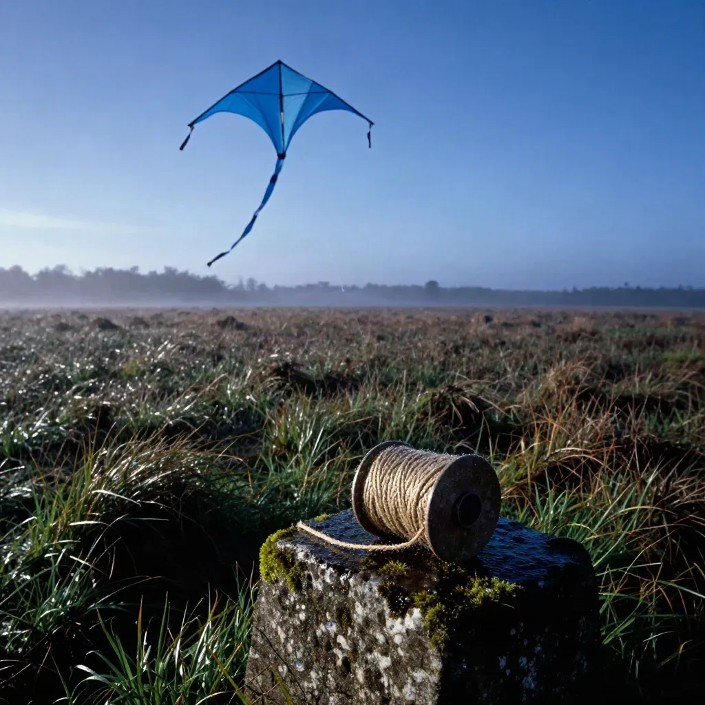 Blue paper kite lifts over a wet meadow at dusk, twine spool on a stone post.