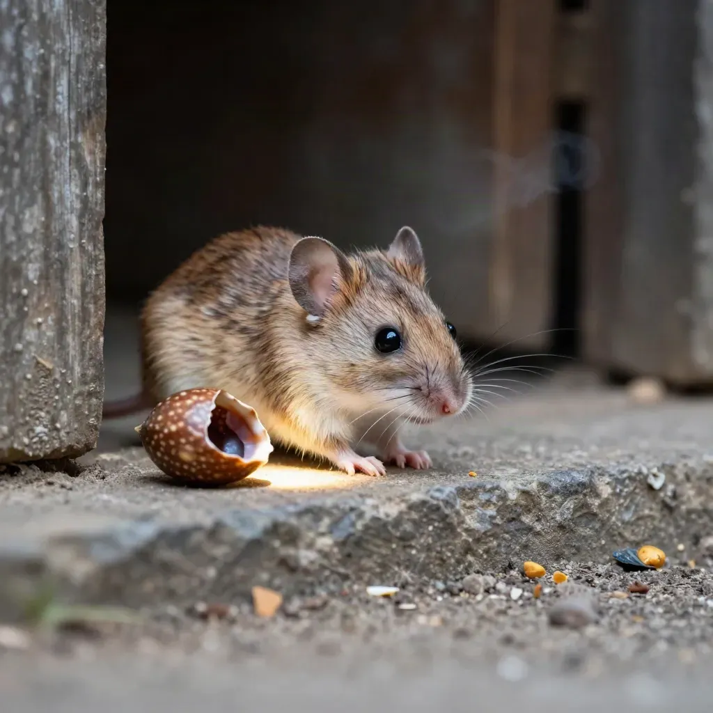 Tiny field mouse pauses by a stone threshold beside a chestnut shell in warm porch light.