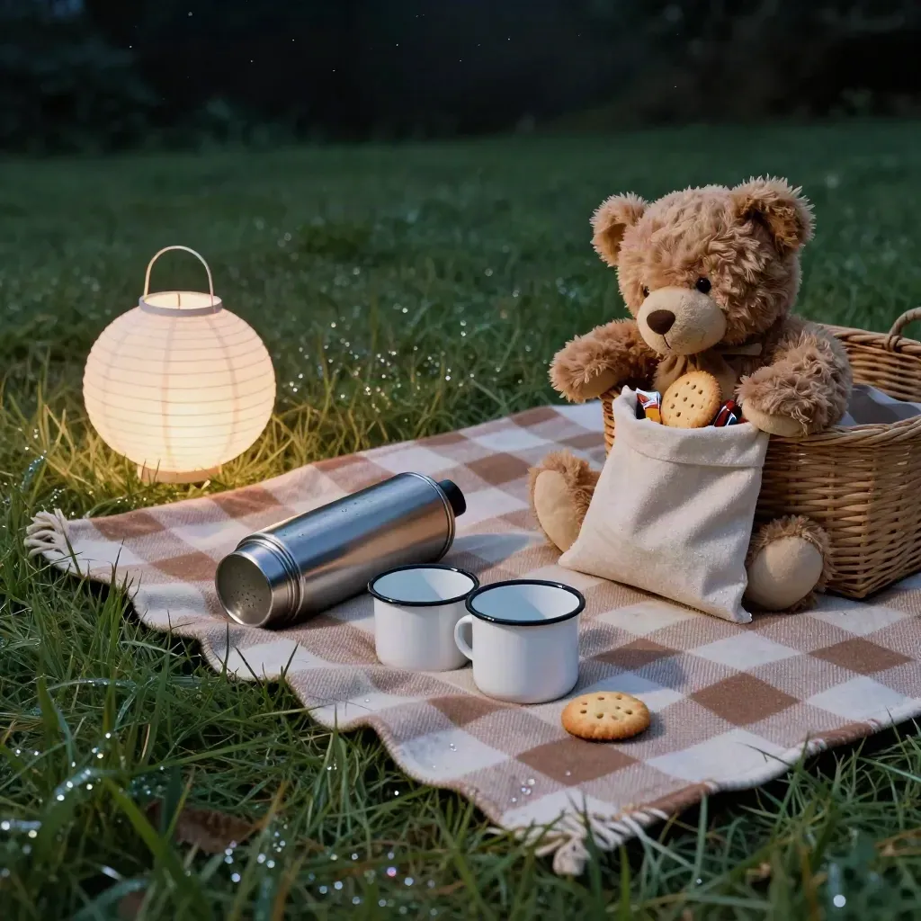 Night picnic blanket with thermos, cups, lantern and sleepy teddy bear on a dew-bright lawn.