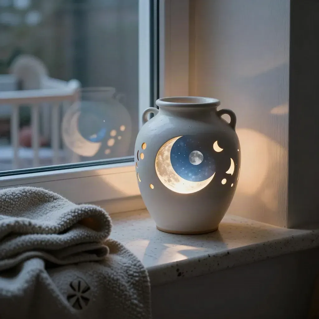 A glowing moon jar on a windowsill beside a blanket and sleeping cat silhouette.