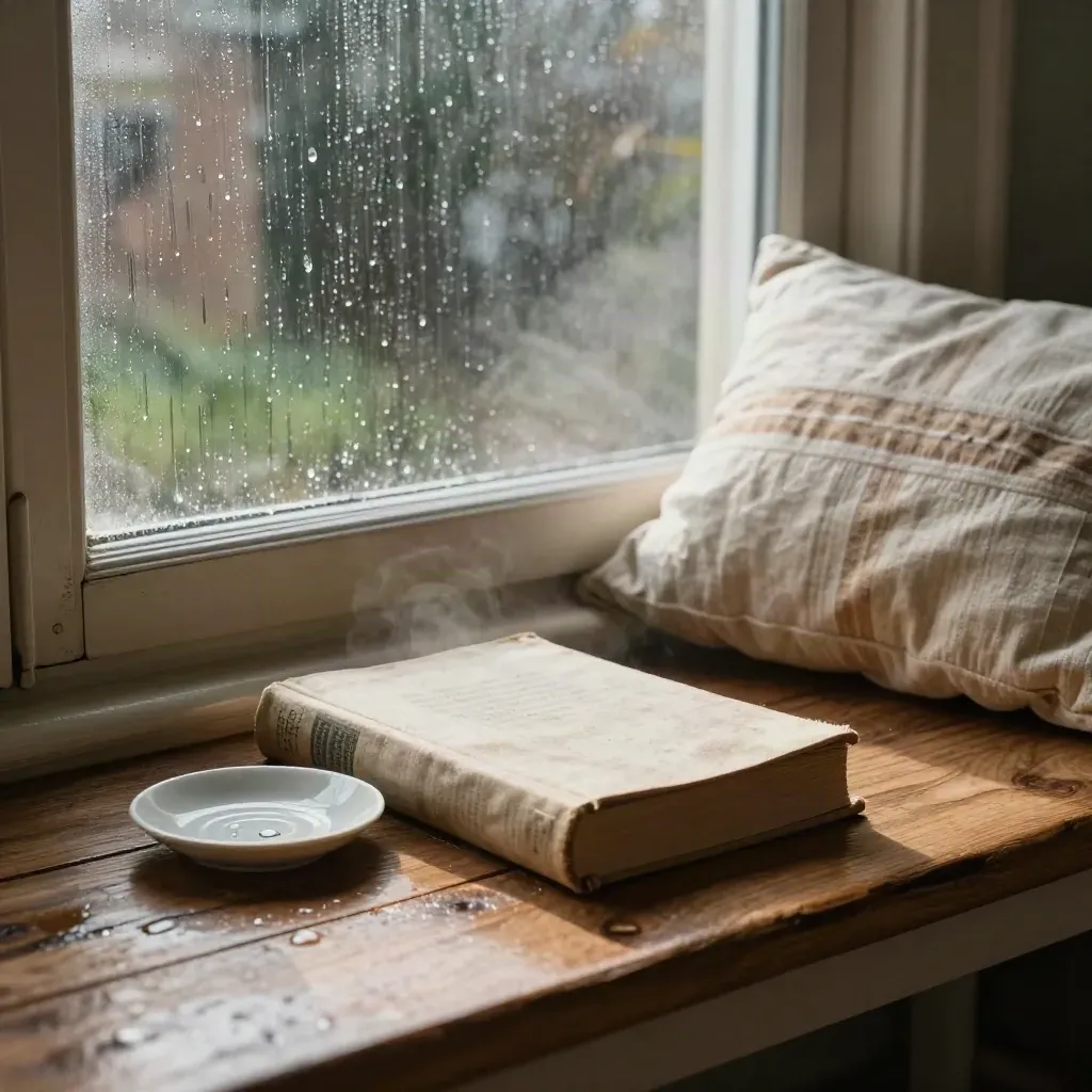 Rain-streaked nursery window with a closed storybook, cream saucer, and striped pillow on the sill.