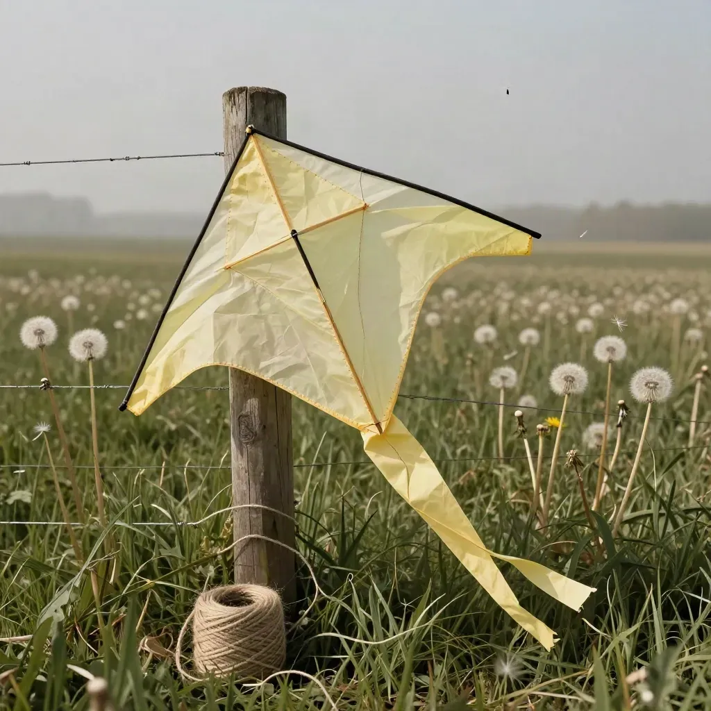 Paper kite on a meadow fence post with dandelions and wind-lifted tail at golden hour.