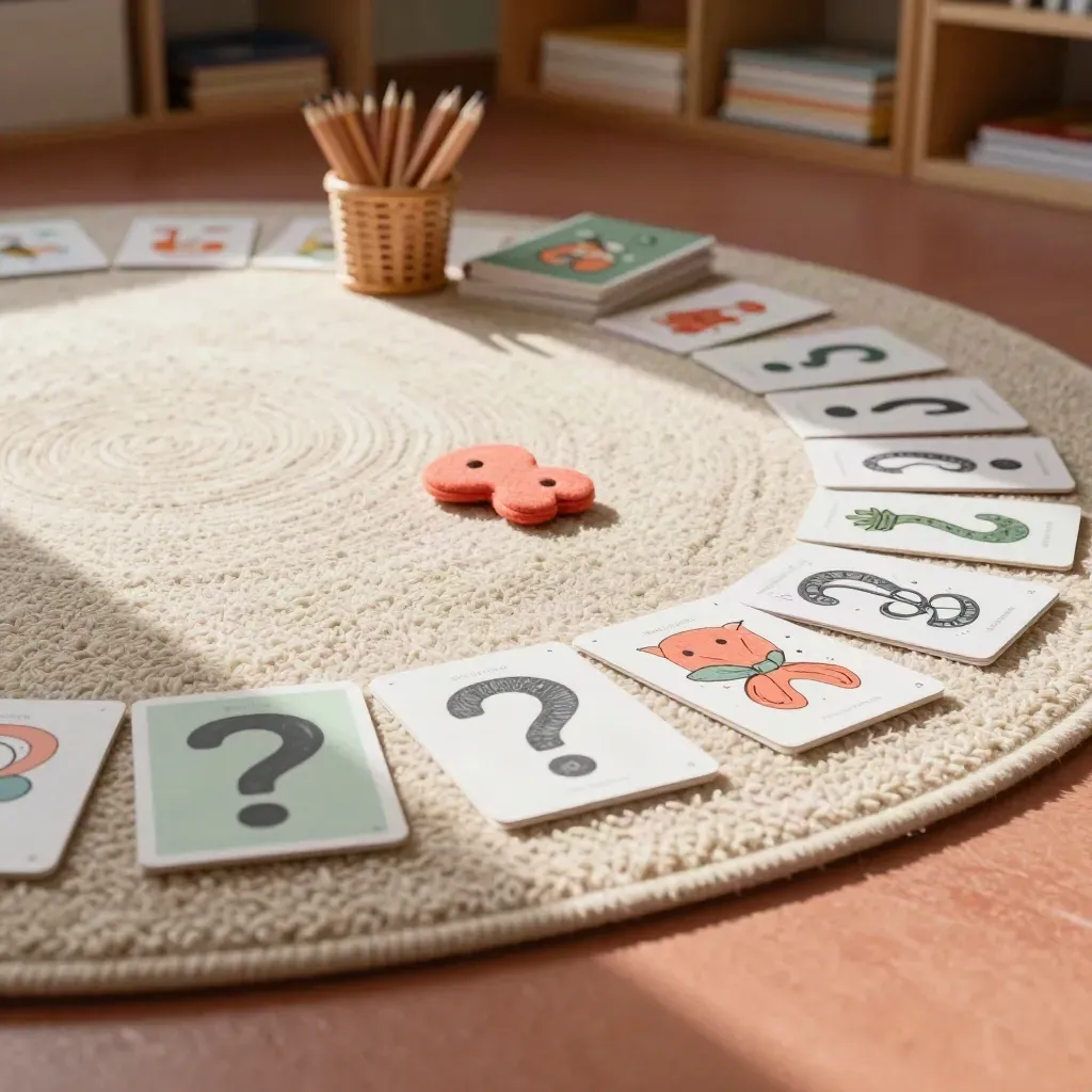 Classroom rug with question cards, coral plush token and a basket of pencils in diagonal sunlight.