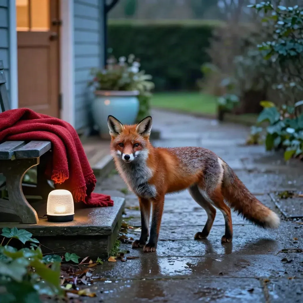 Red fox pauses by a glowing porch speaker beside a blanket-draped bench at dusk.