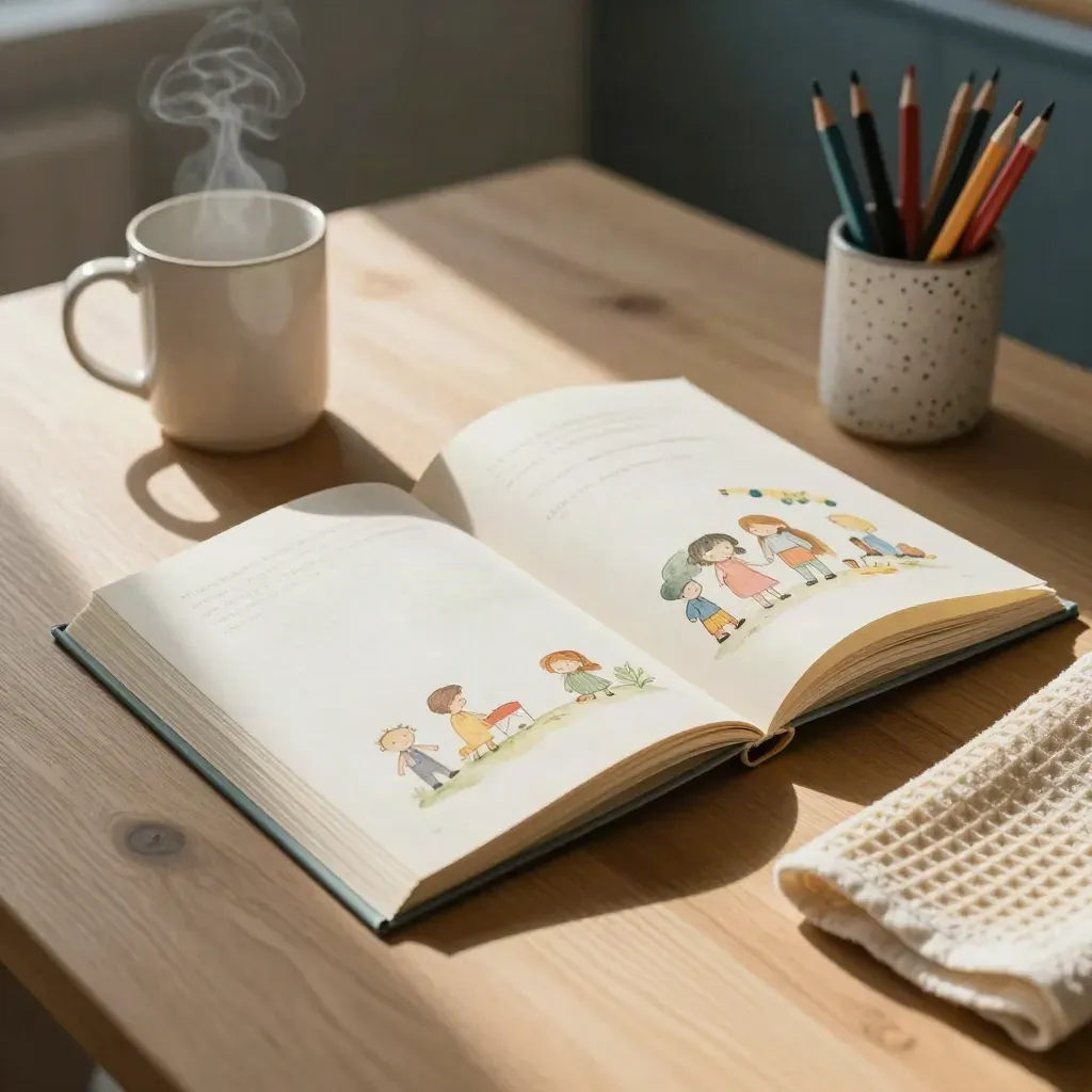 Sunlit stack of printable kids' story pages beside a mug, pencil cup, and folded towel on a kitchen table.