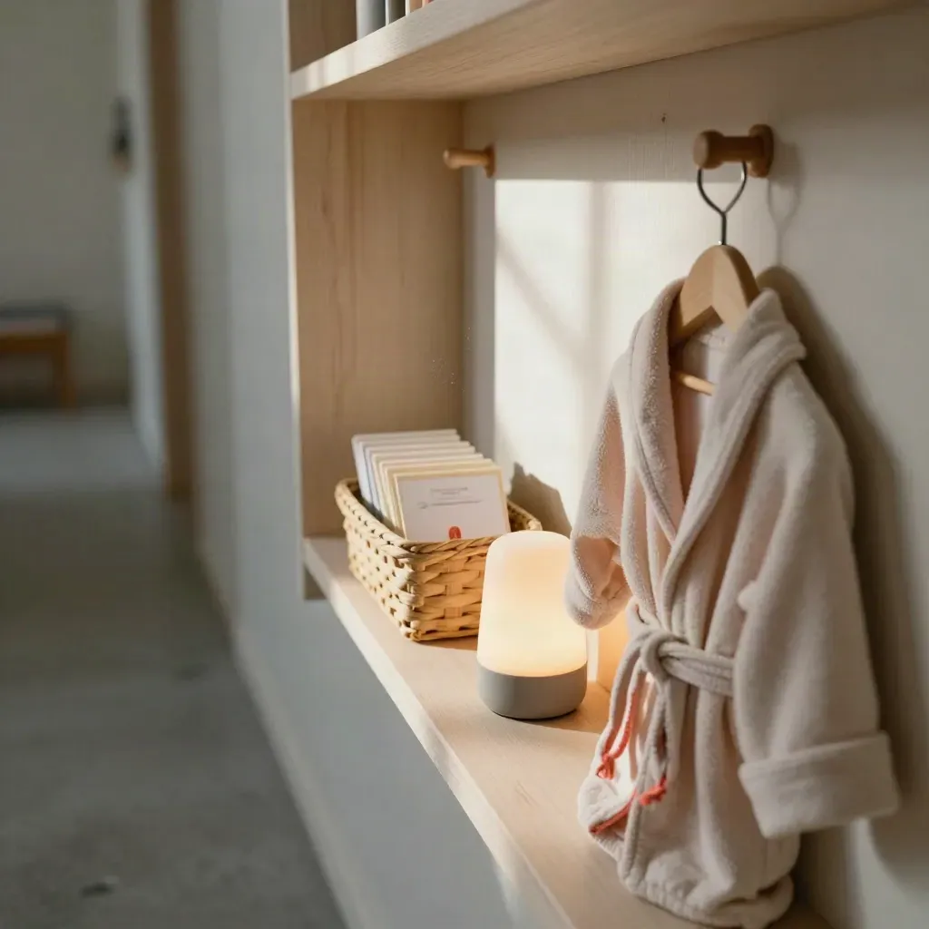 Hallway shelf with bedtime cue cards, glowing nightlight, and a robe hook in warm evening light.