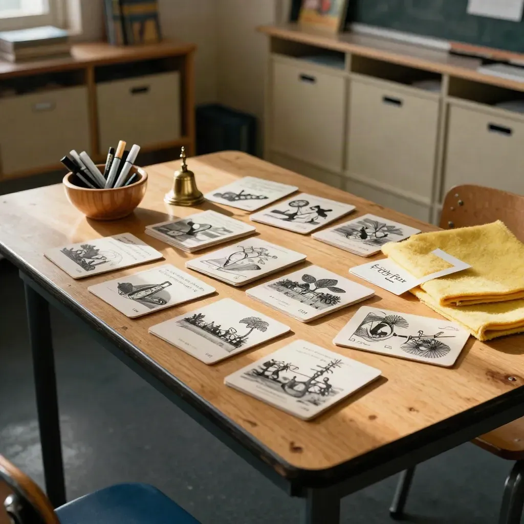 Story cards, markers, bell and felt mat on a sunlit classroom table