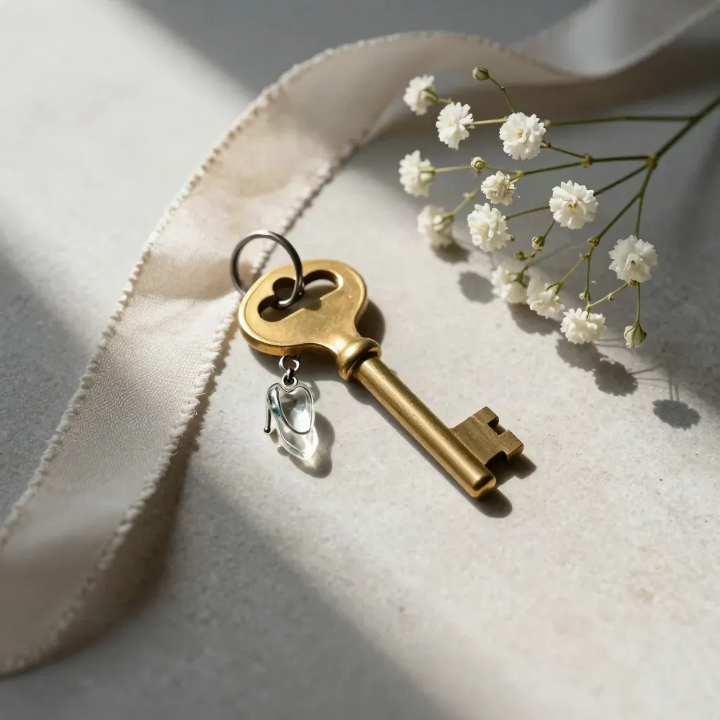 Overhead flatlay of a brass key, glass slipper charm, linen ribbon, and baby's breath on stone.