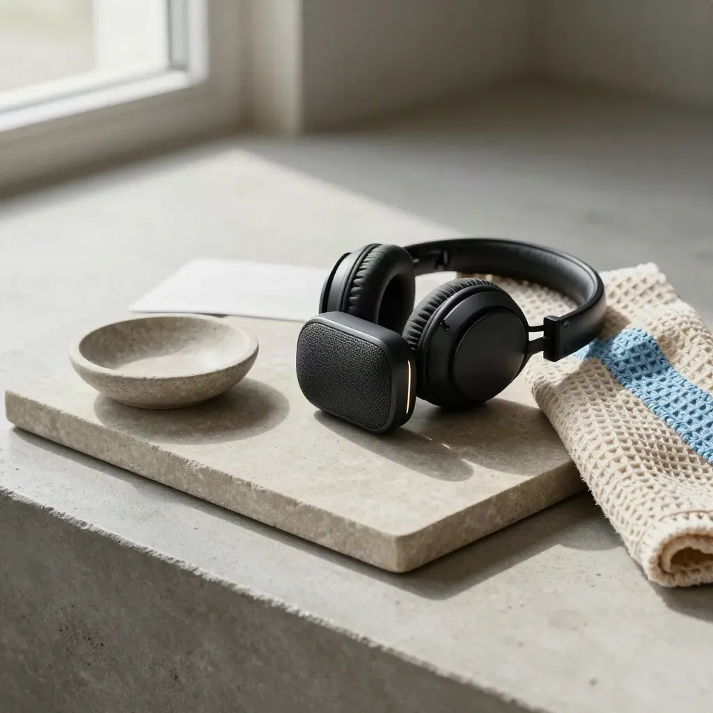 Matte speaker, headphones, stone dish and waffle-knit cloth on a stone tray in soft window light