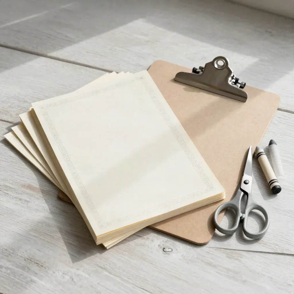 Overhead story pages flatlay with scissors, clipboard, and crayons on pale wood.