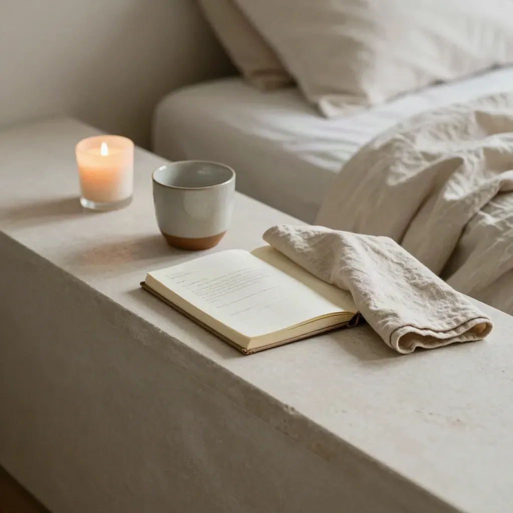 Bedside tips notebook, ceramic cup, candle stub, and folded cloth on a ledge.