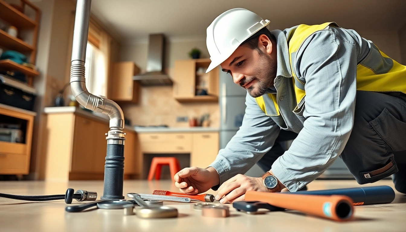 Expert plumber near me repairing a pipe in a home setting.