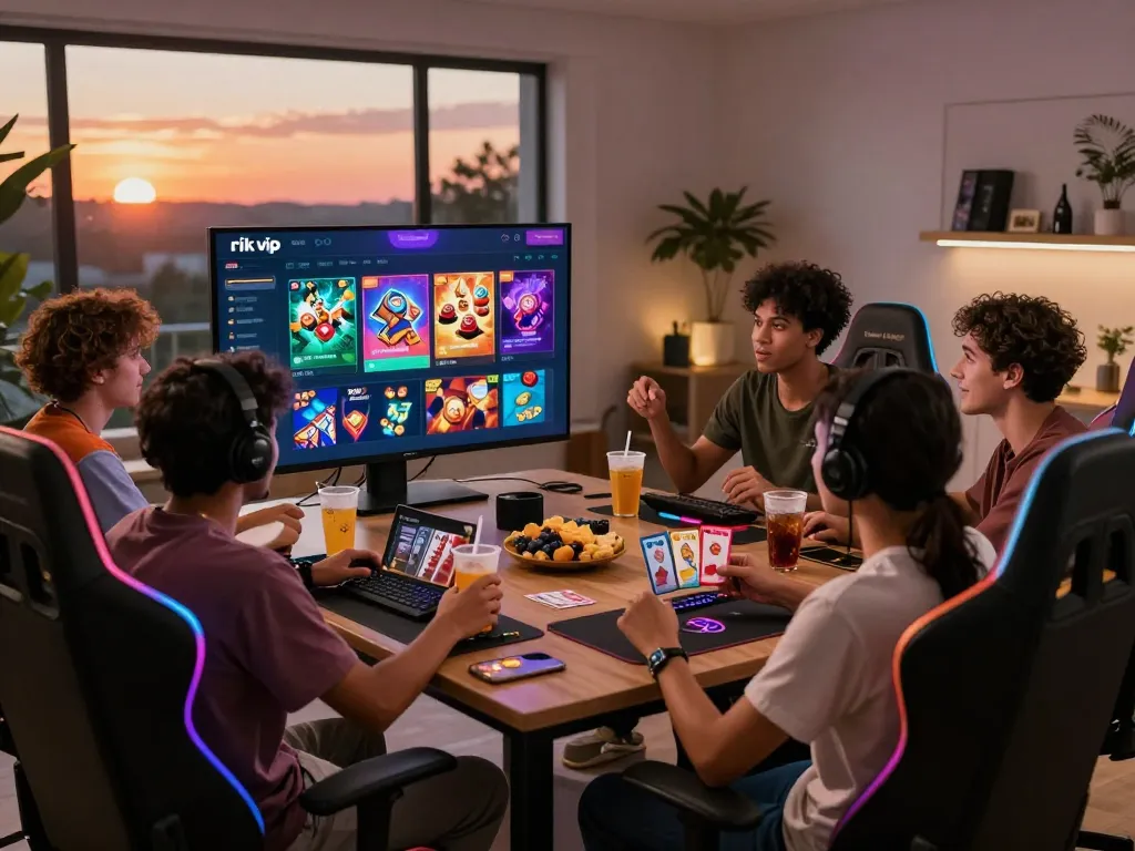 Group of friends enjoying rik vip online gaming session at home with lively atmosphere and modern decor.