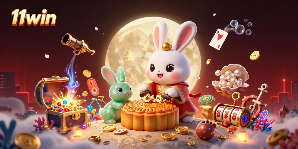 Win big at 11win with this vibrant illustration of moon rabbits and casino elements