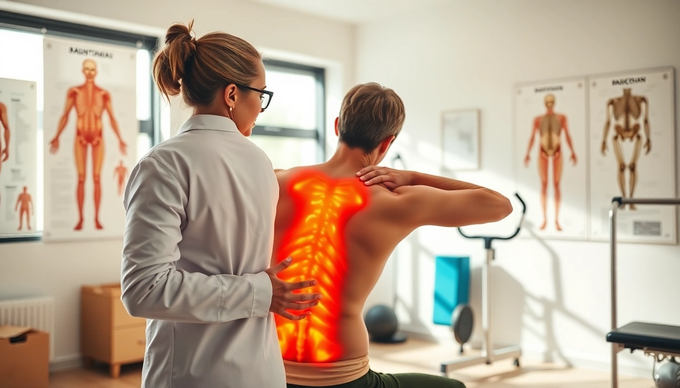 Engaging lower back pain treatment session with a professional therapist guiding a patient through exercises.
