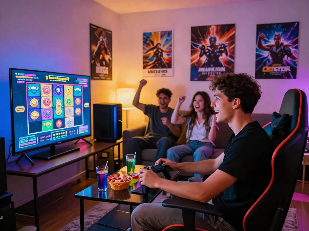 Exciting gaming scene with slot gacor gameplay displayed on TV, as players engage in a thrilling online gaming experience.